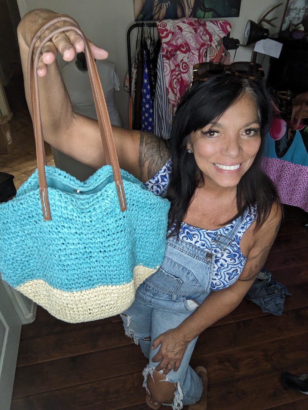 🩴🩴🌊Old Navy Turquoise and Cream Crochet Tote with Brown Handles W/FREE Wallet